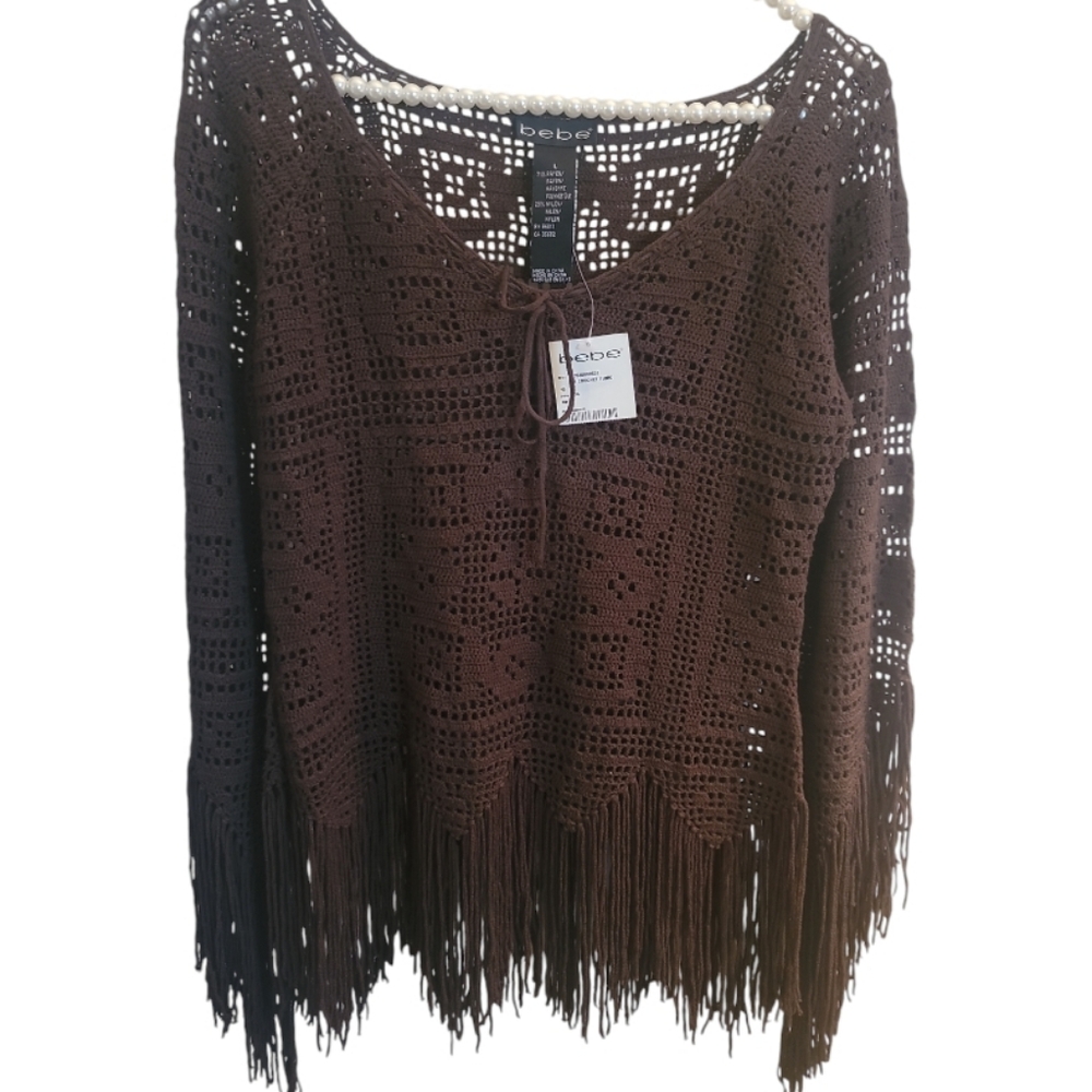 VTG HTF NWT bebe Chocolate Brown Crochet Fringe Tunic